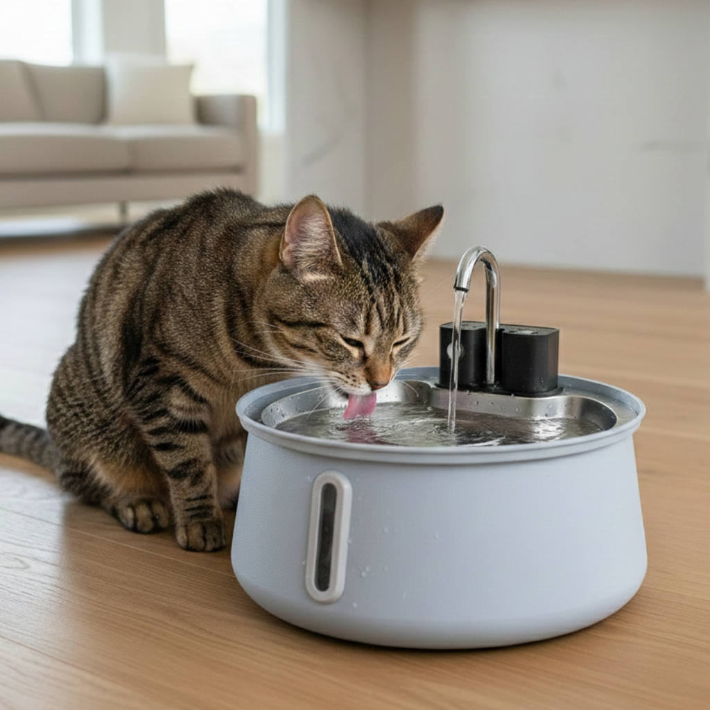 Wireless Water Fountain - Cat drinking from the mint blue fountain